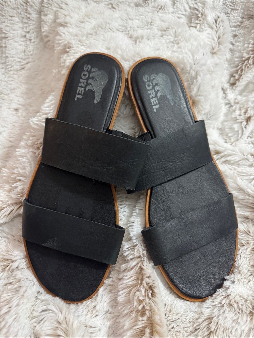 Sorel Black Double-Strap Women’s Slide Sandals with Tan Trim